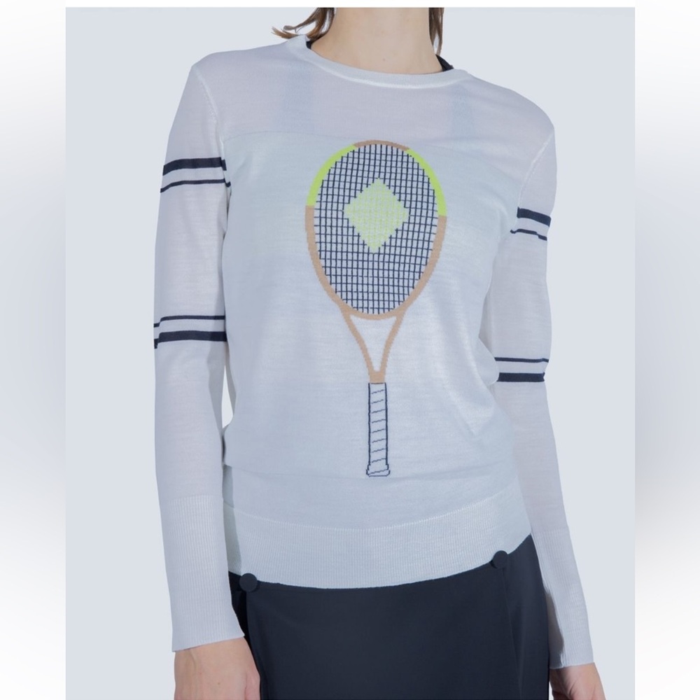 Chic White Tennis Sweater with Racket Design